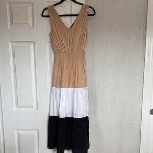 1. State Colorblock Maxi Dress in Beige, White, and Black